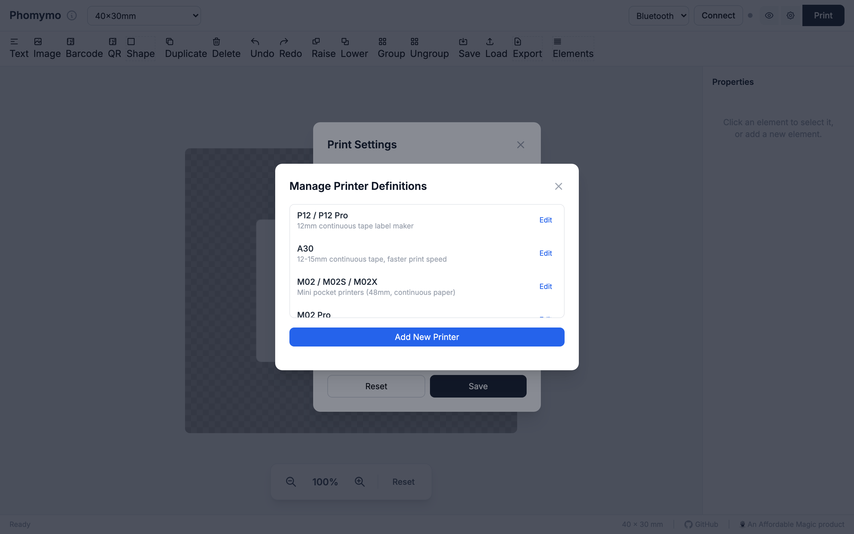 Printer definitions list